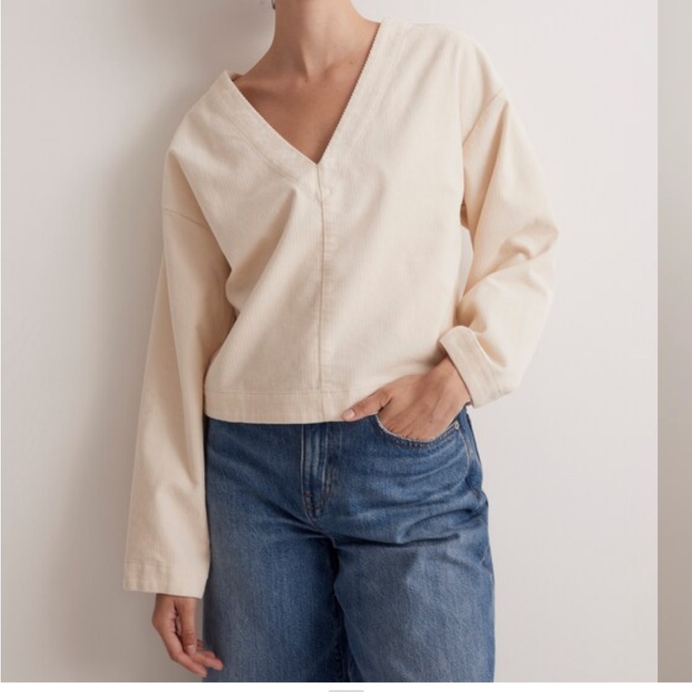 Madewell 100% Cotton Waffle-Knit Relaxed V-neck Cream Textured Top Women’s XS